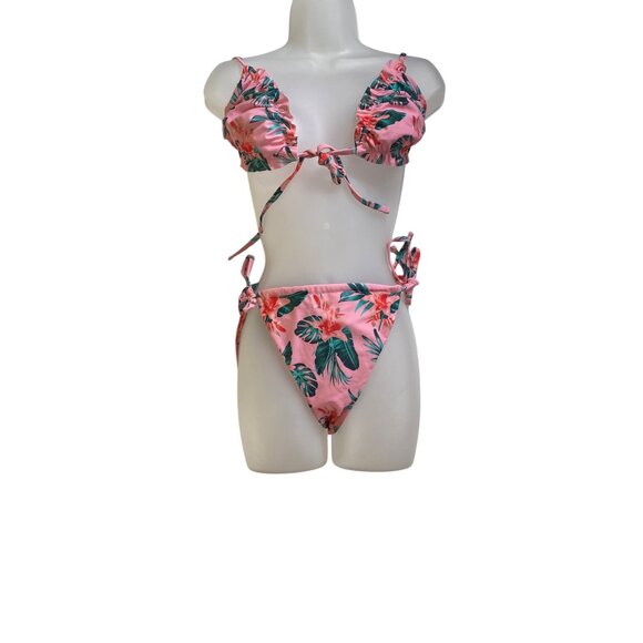 Tropical Floral Print Bikini XL Pink & Green Sexy Swimwear Cute Bathing Suit Y2K - Picture 1 of 6